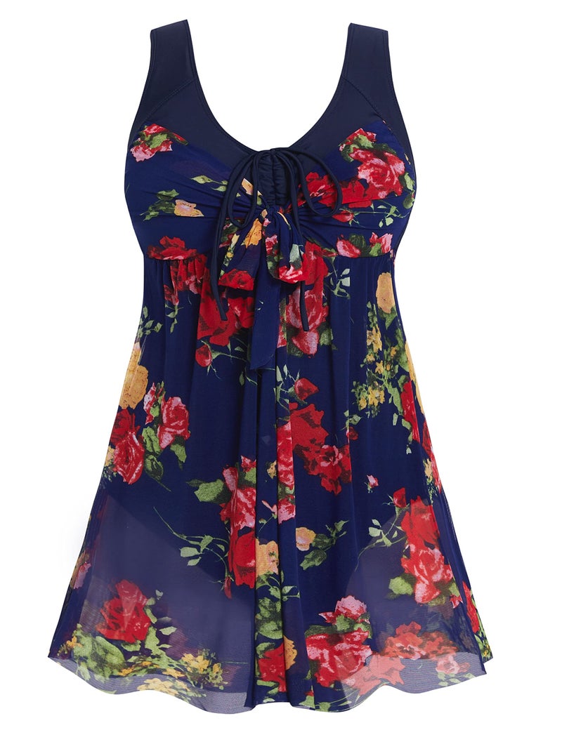 wantdo Women's Plus Size Swimdress Flower Printed Swimwear Cover Up Swimsuits Navy Red US 18-20 - Image 1